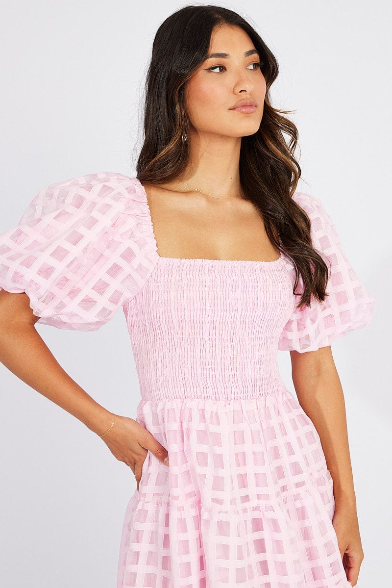 Pink Midi Dress shirred Bust Puff Sleeve
