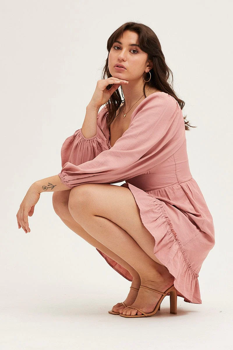 Pink Long Sleeve A-Line Mini Dress