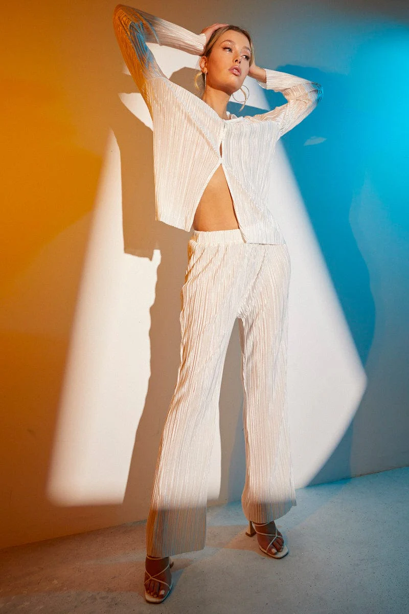White Plisse Long Sleeve Shirt