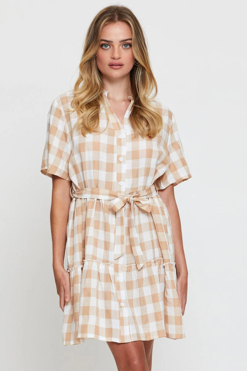 Check Fit And Flare Dress Short Sleeve Tie Waist