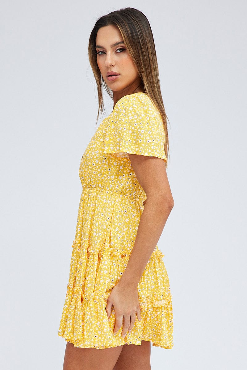 Yellow Ditsy Fit And Flare Dress Short Sleeve Mini