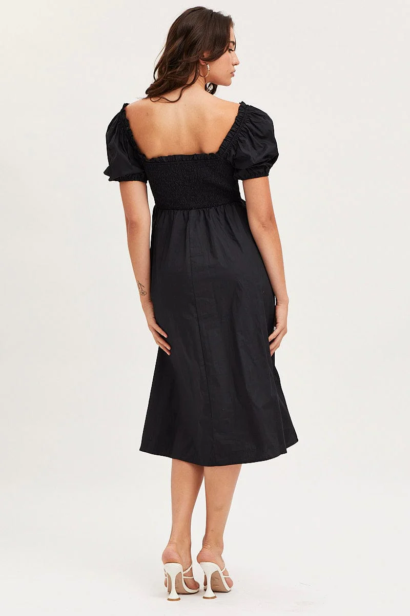 Black Midi Dress Short Sleeve Square Neck