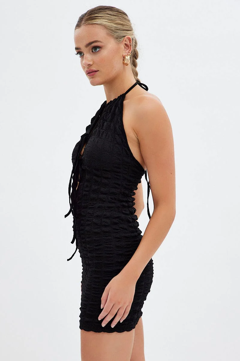 Black Textured Mini Dress Backless