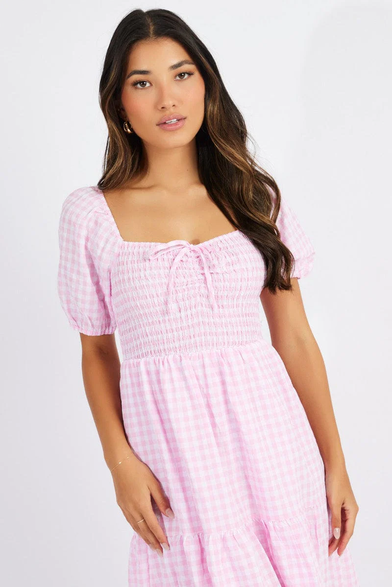 Pink Check Maxi Dress Short Sleeve Shirred