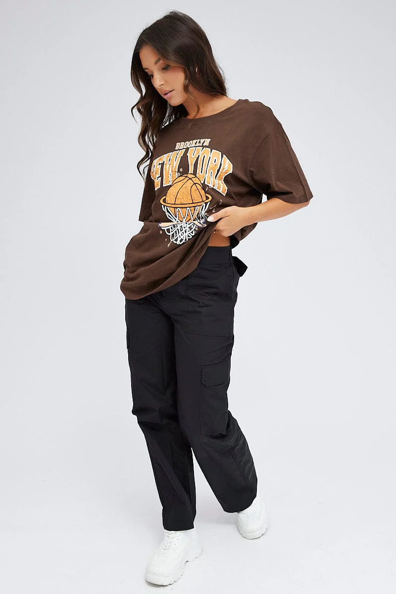 Brown Graphic Tee Short Sleeve Oversized Round Neck