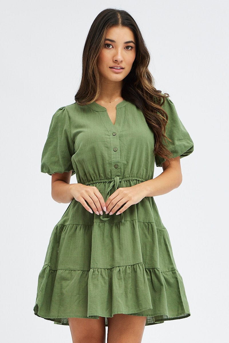 Green Shirt Dress Short Sleeve Tiered