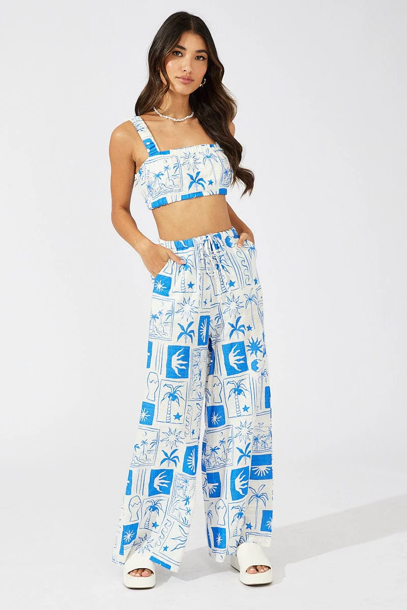 Blue Print Crop Top Square Neck