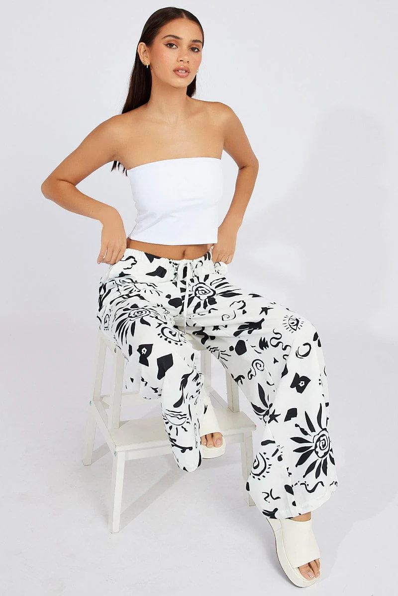 White Abstract Wide Leg Pants High Rise
