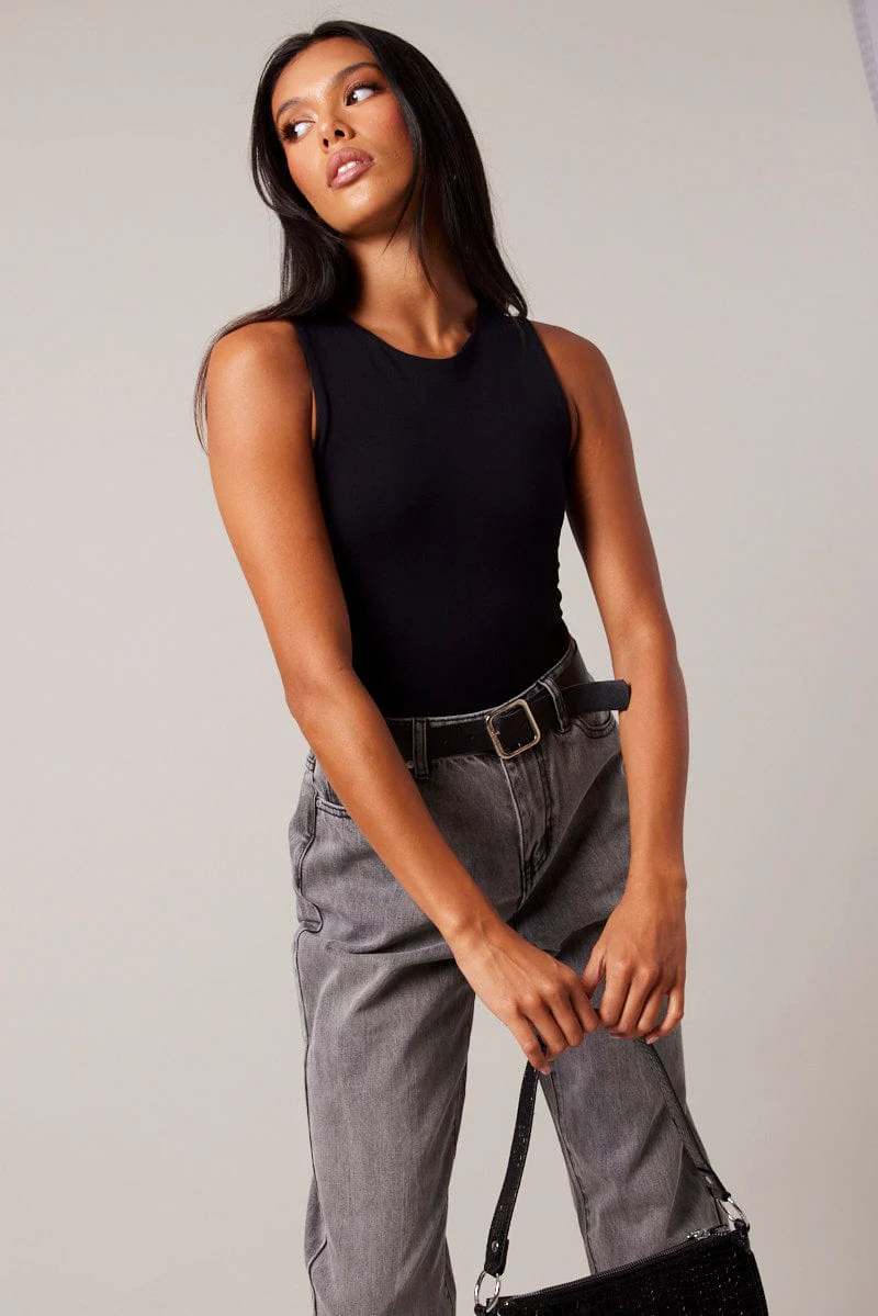 Black Bodysuit Sleeveless Crew Neck Seamless