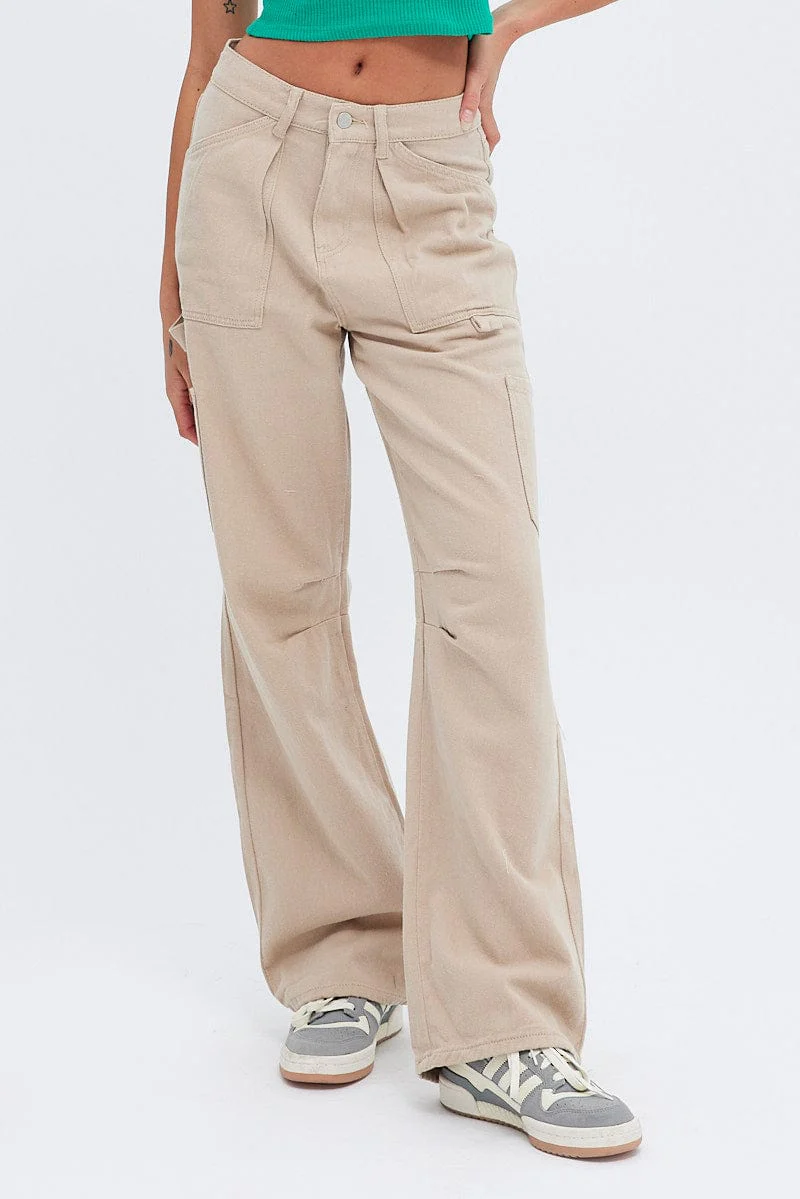 Beige Cargo Jeans Mid Rise