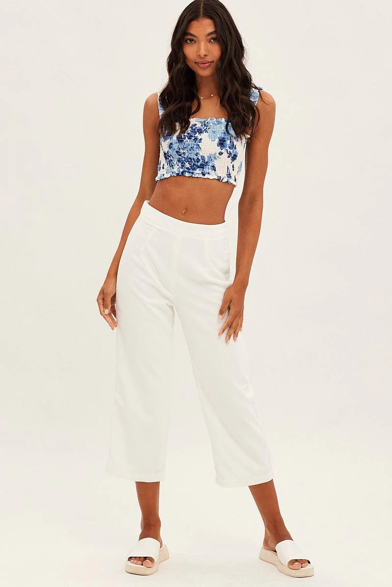Blue Floral Crop Top Sleeveless Square Neck Shirred