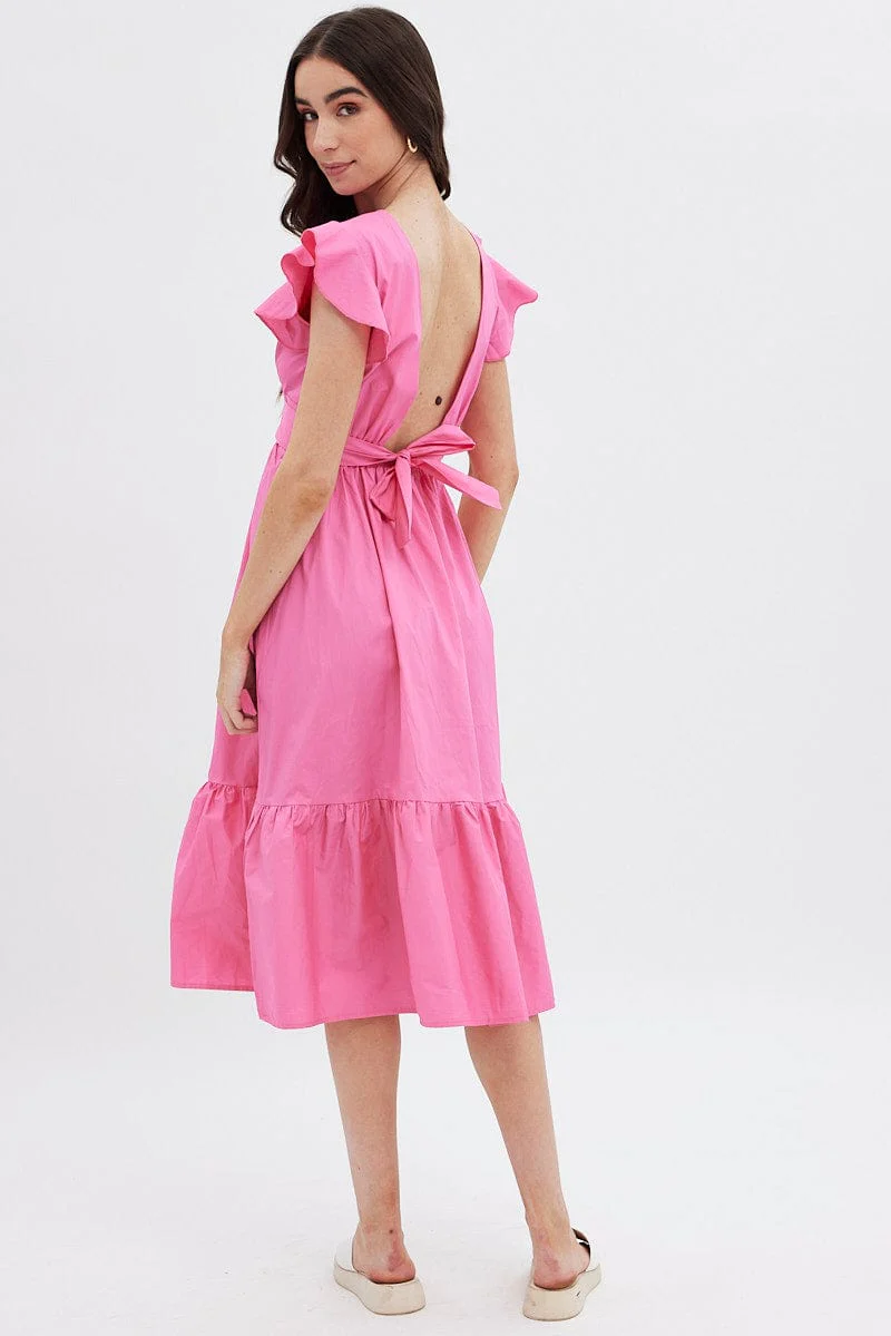 Pink Tie Back Midi Dress
