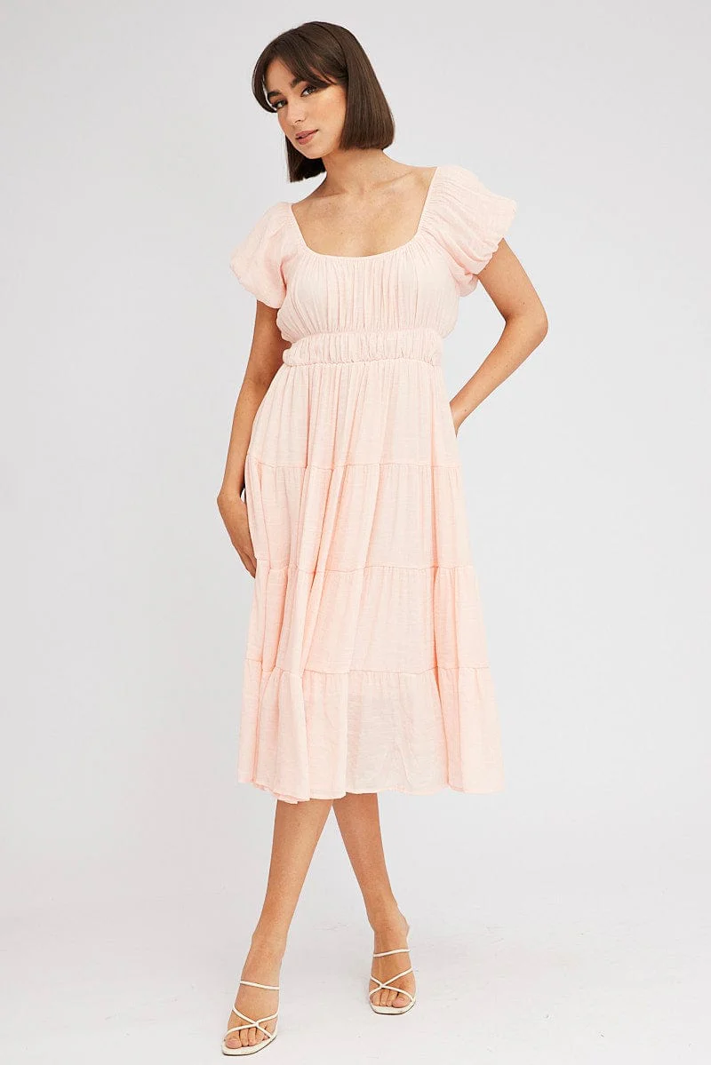 Pink Midi Dress Short Sleeve Ruched