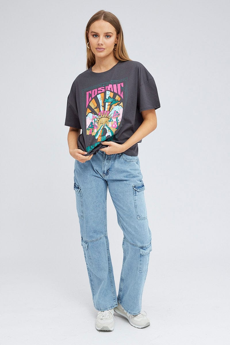 Grey Graphic Tee Festival Bright Oversized T-shirt