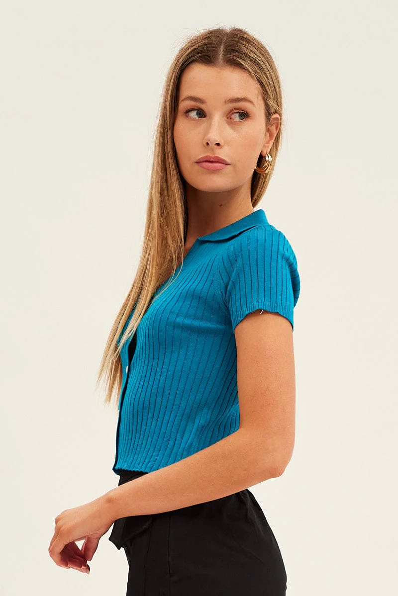 Blue Collar Knit Crop Cardigan Short Sleeve