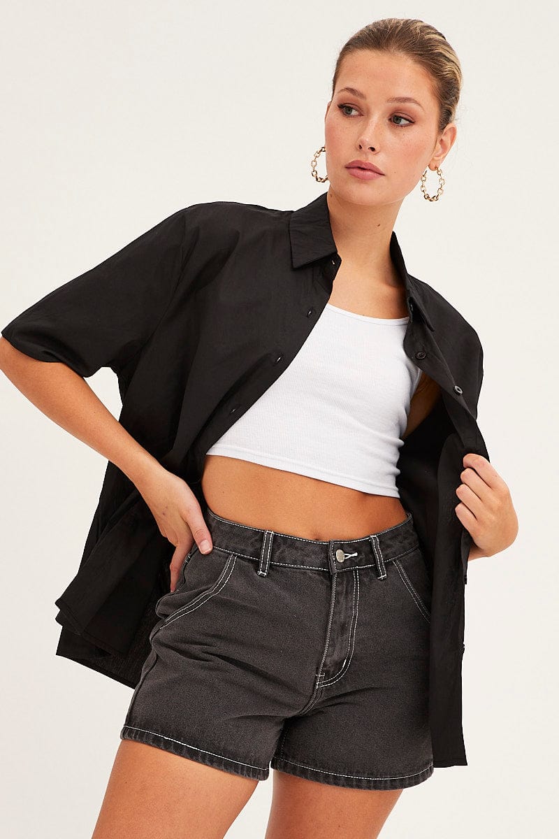 Black Relaxed Fit Shirt Short Sleeve Collared Longline