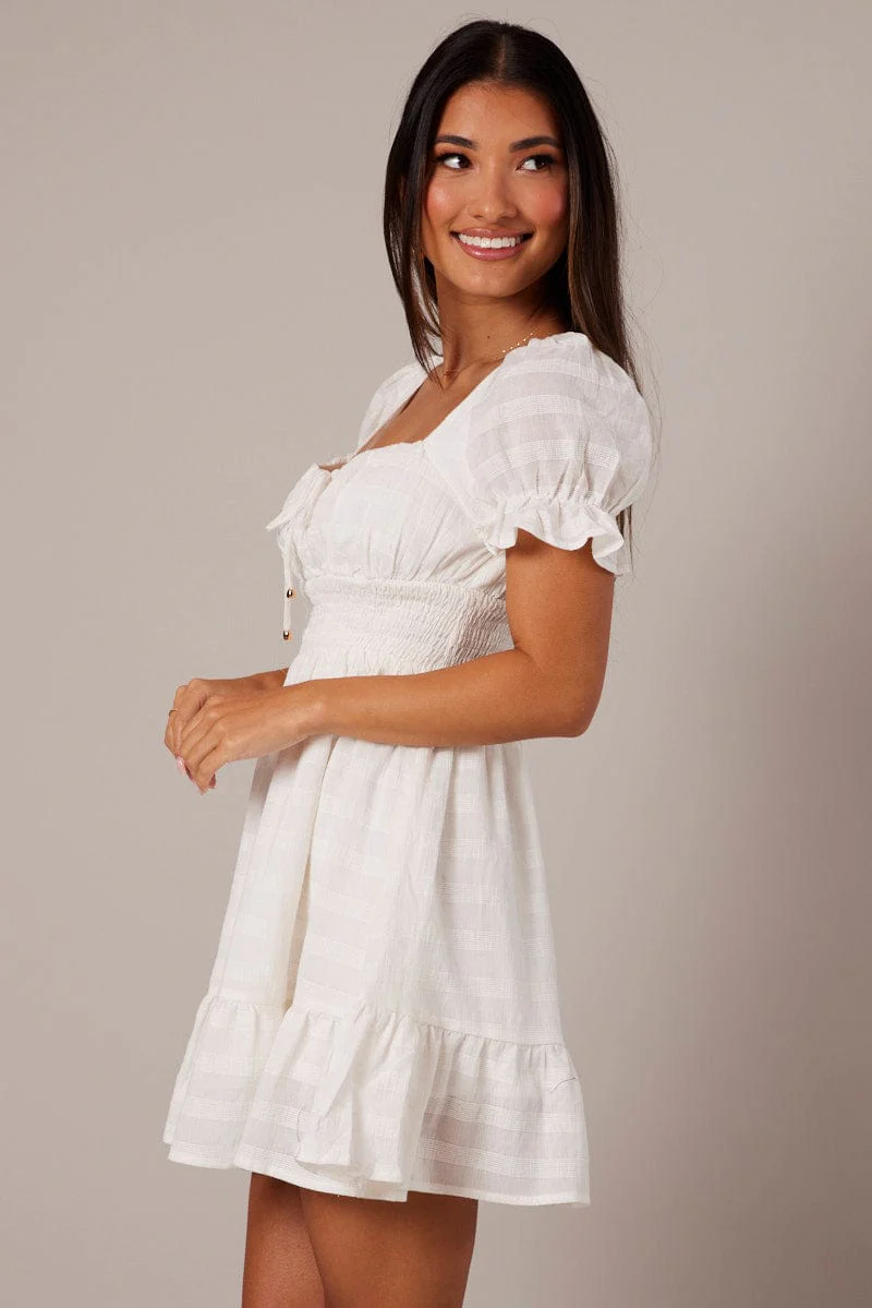 White Fit And Flare Dress Puff Sleeve