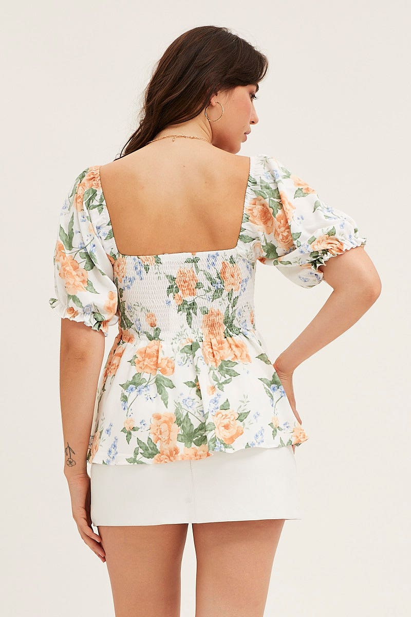 Print Puff Sleeve Shirred Top