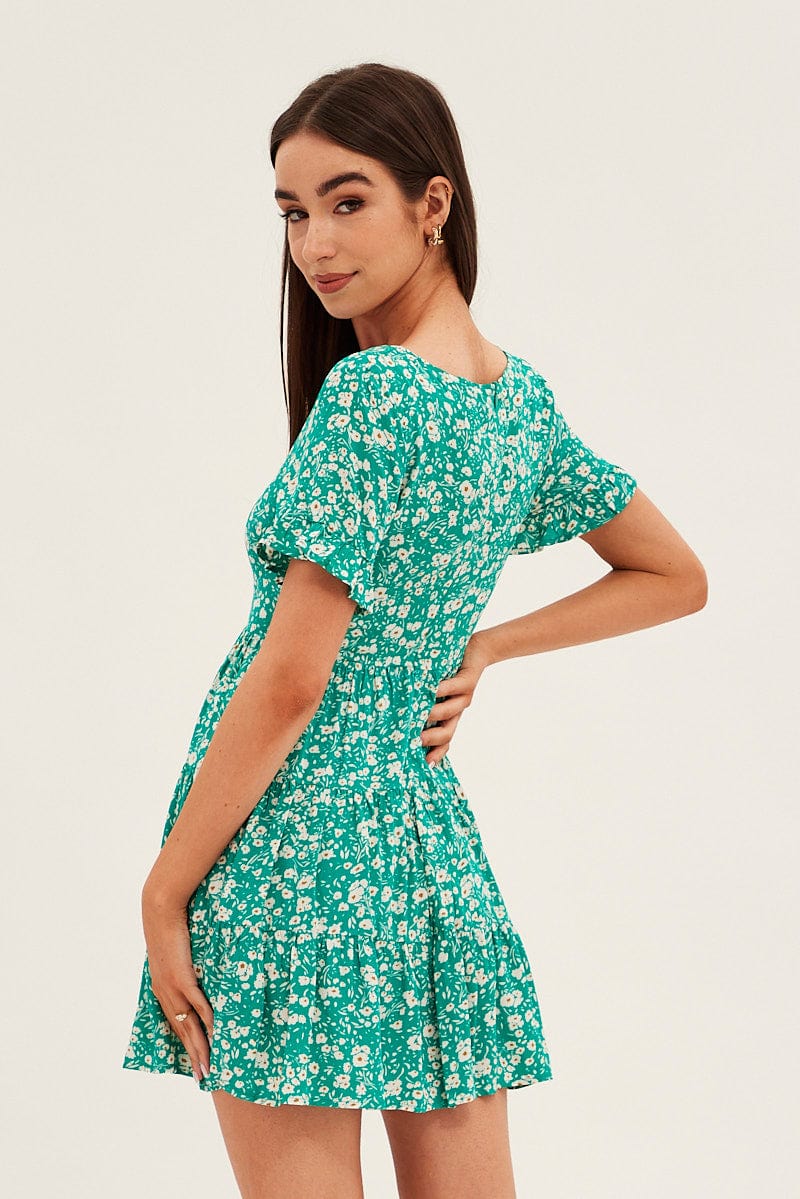 Floral Print Sun Dress Mini Short Sleeve V Neck