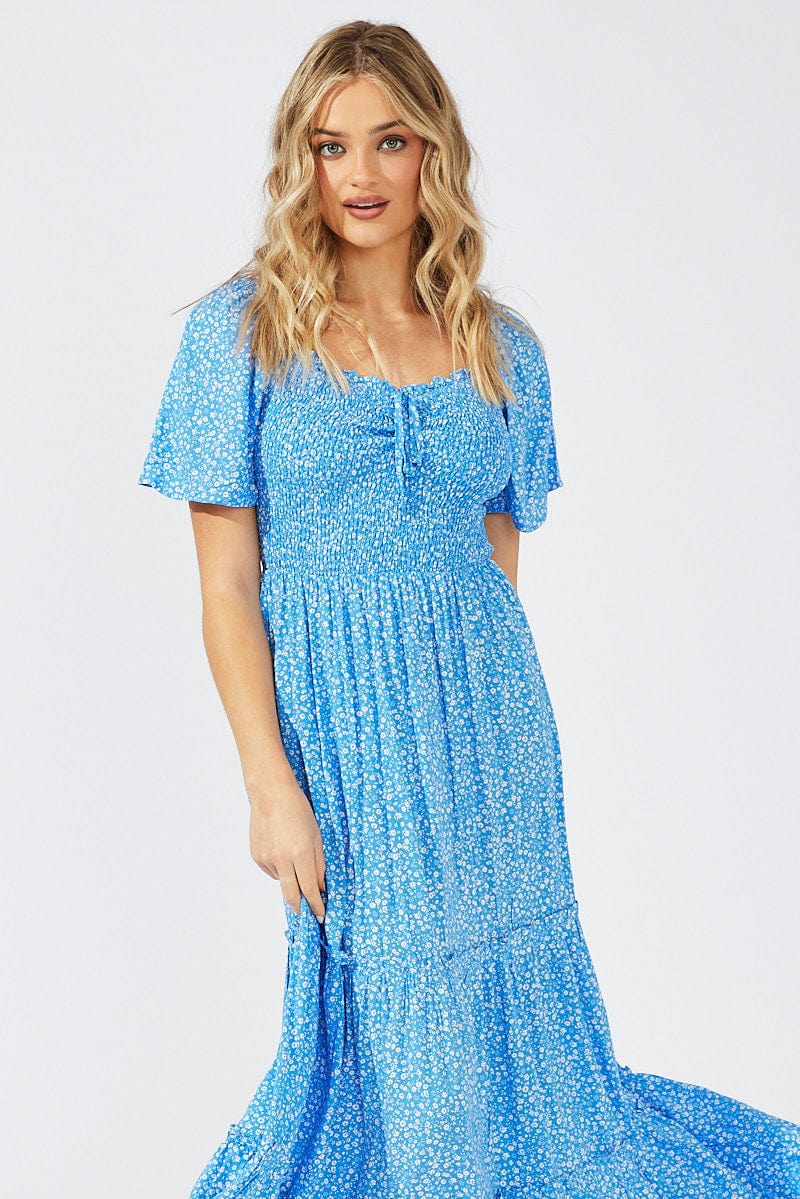 Blue Ditsy Maxi Dress Short Sleeve Shirred