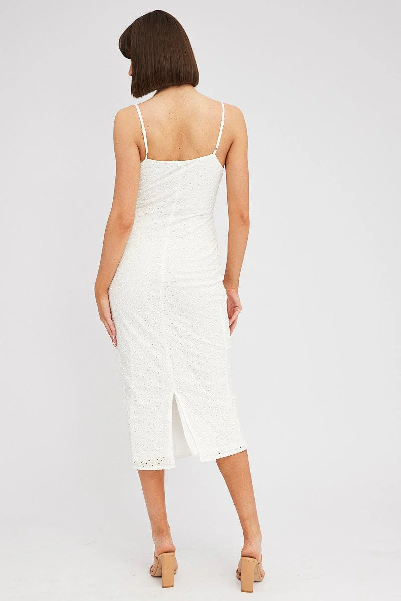 White Midi Dress Gathered Bust Eyelet Fabric