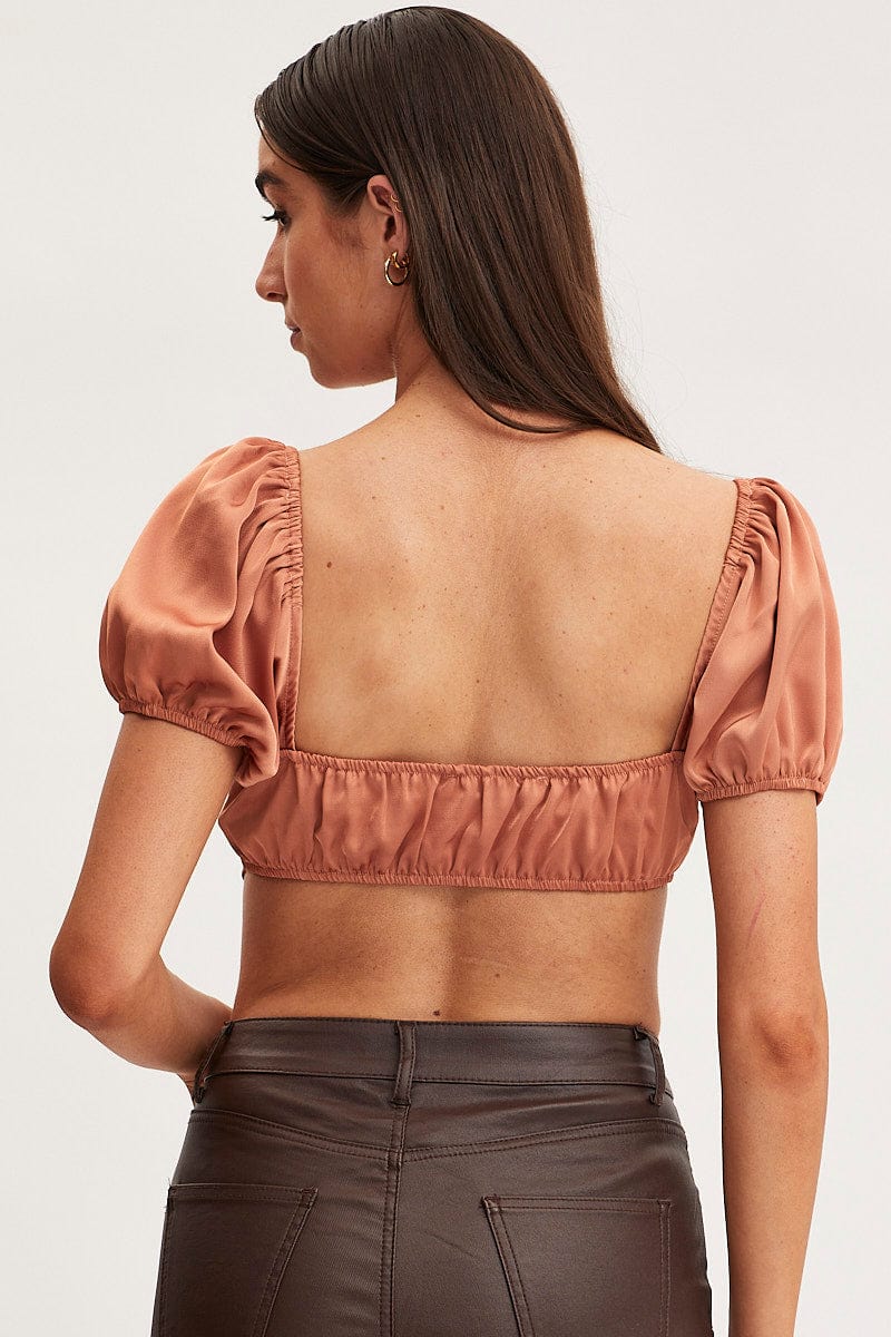 Brown Scarf Top Short Sleeve Crop