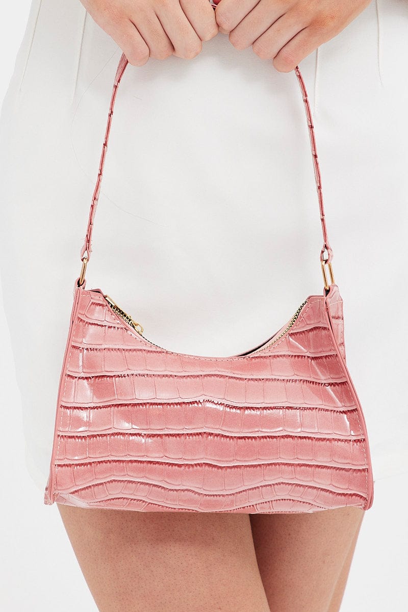 Pink Croc Print Shoulder Bag