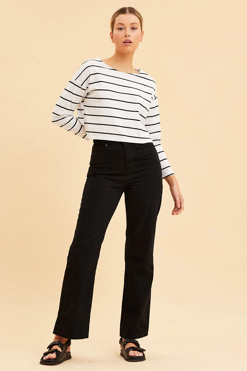 Stripe Boxy Top Wide Neck Long Sleeve