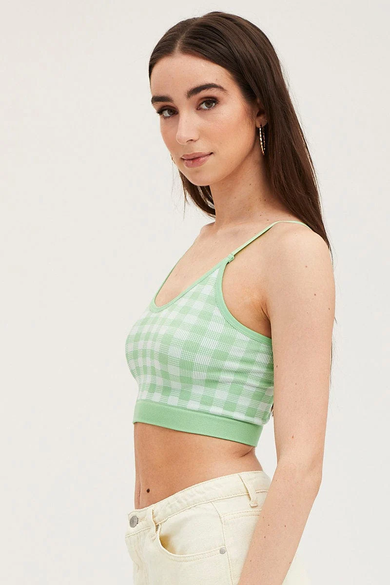 Green Check Singlet Crop Top Seamless