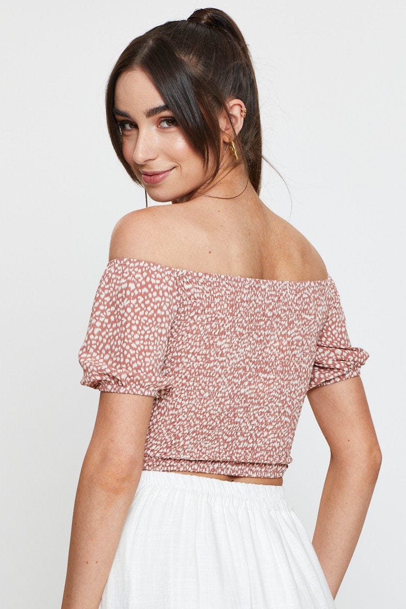 Geo Print Puff Sleeve Top Short Sleeve Crop Off Shoulder