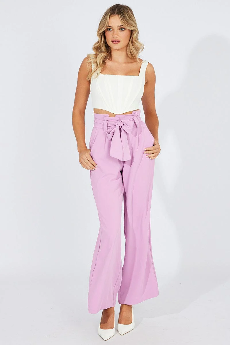 Pink Wide Leg Pants Paper Bag Waist