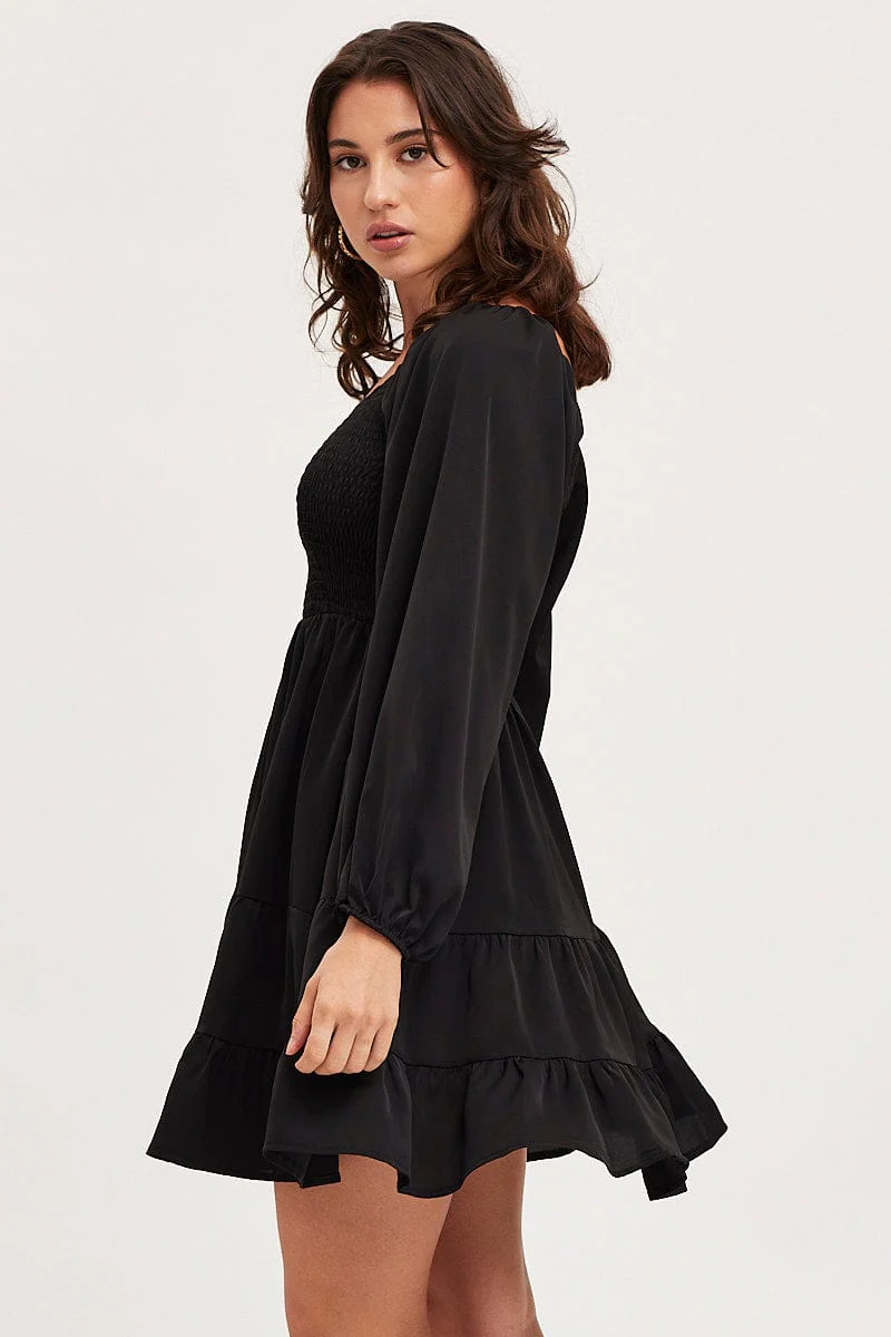 Black Shirred Dress Long Sleeve Mini