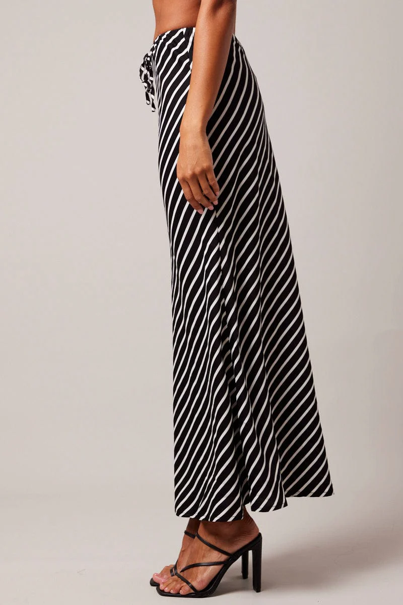Black Stripe Slip Skirt Maxi Drawstring Waist