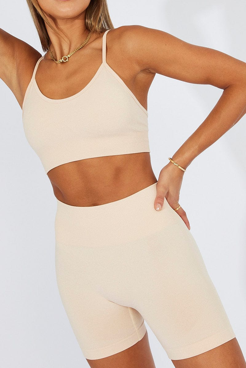 Beige Seamless Top And Shorts Activewear Set