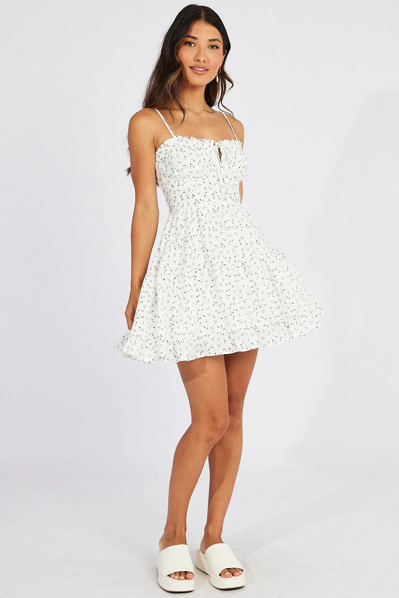 White Ditsy Fit and Flare Dress Short Sleeve Tiered