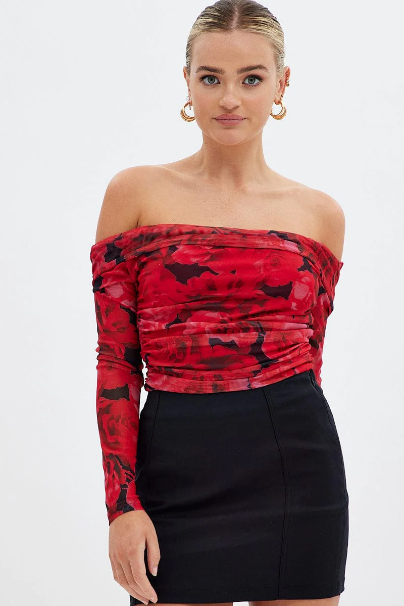 Red Floral Bardot Top Long Sleeve Off Shoulder Mesh Crop