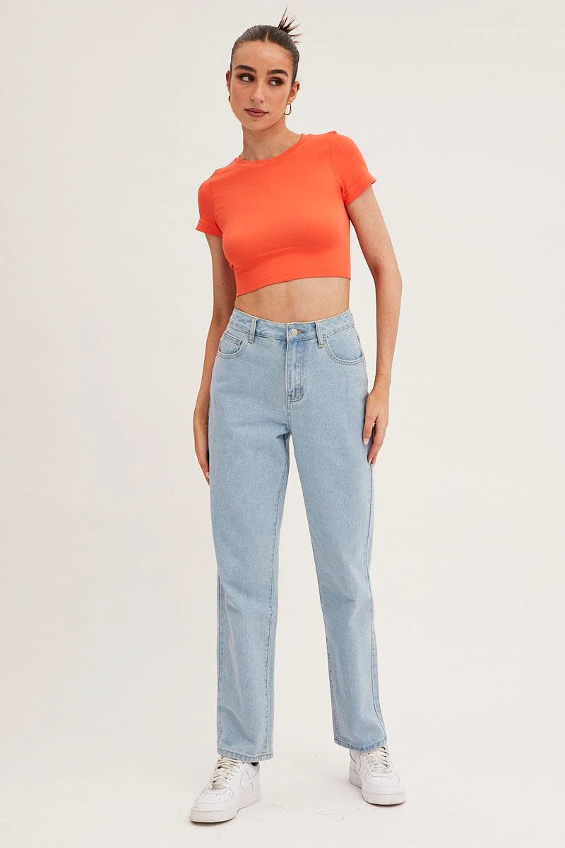 Orange T Shirt Short Sleeve Crew Neck Seamless