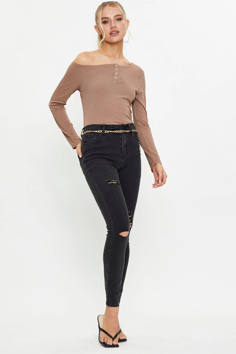 Brown Snap Button Off Shoulder Knit