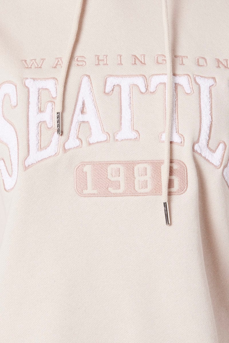 Beige Graphic Hoodie Sweater Long Sleeve