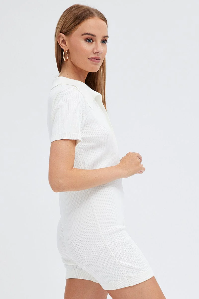 White Knit Romper Short Sleeve Collared Onesie Unitard
