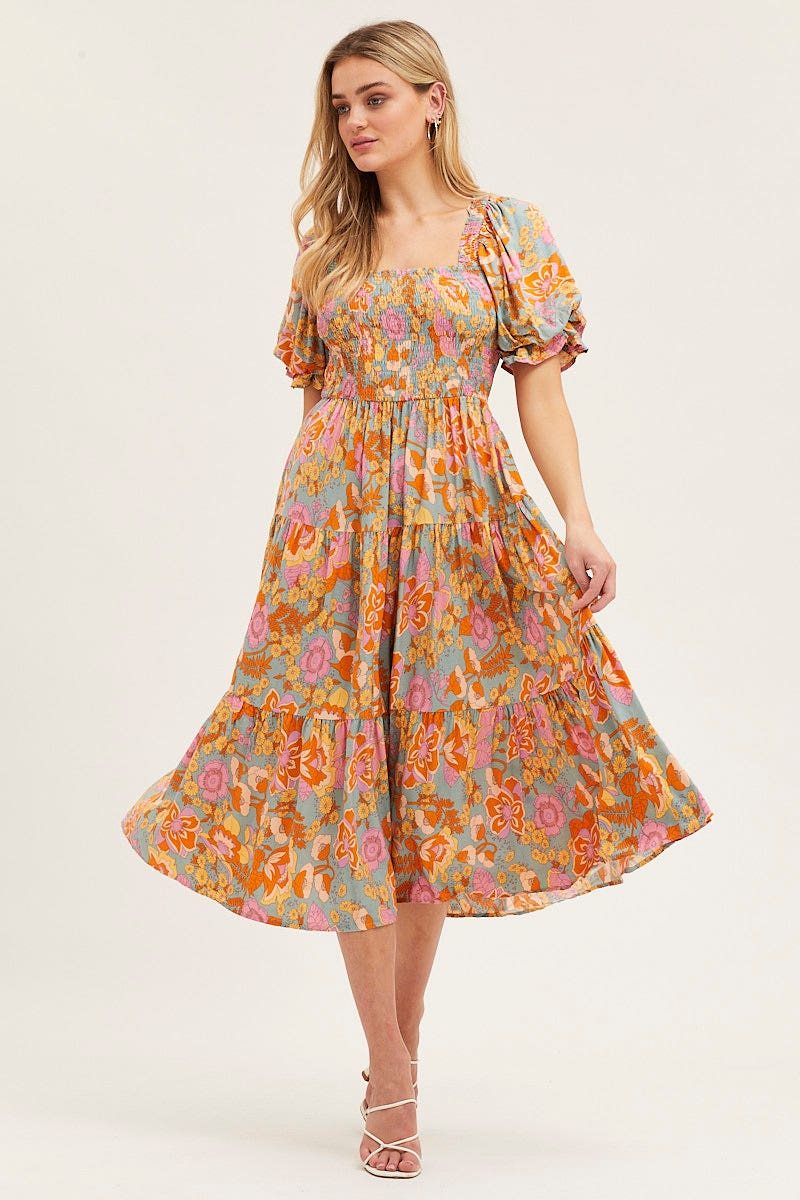 Print Dress Puff Sleeve Maxi