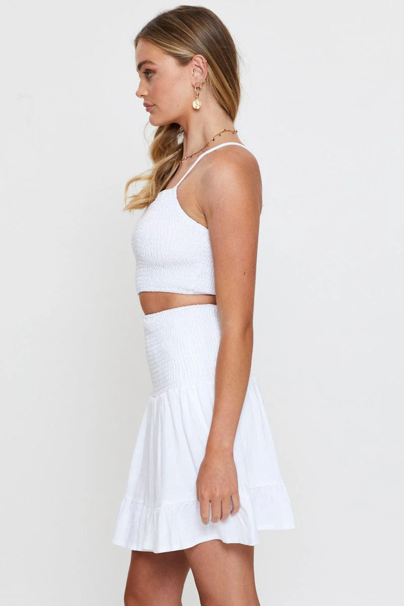 White Shirred Skater Mini Skirt