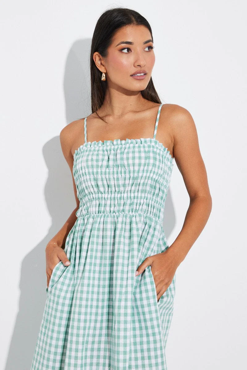 Green Check Maxi Dress Sleeveless Shirred