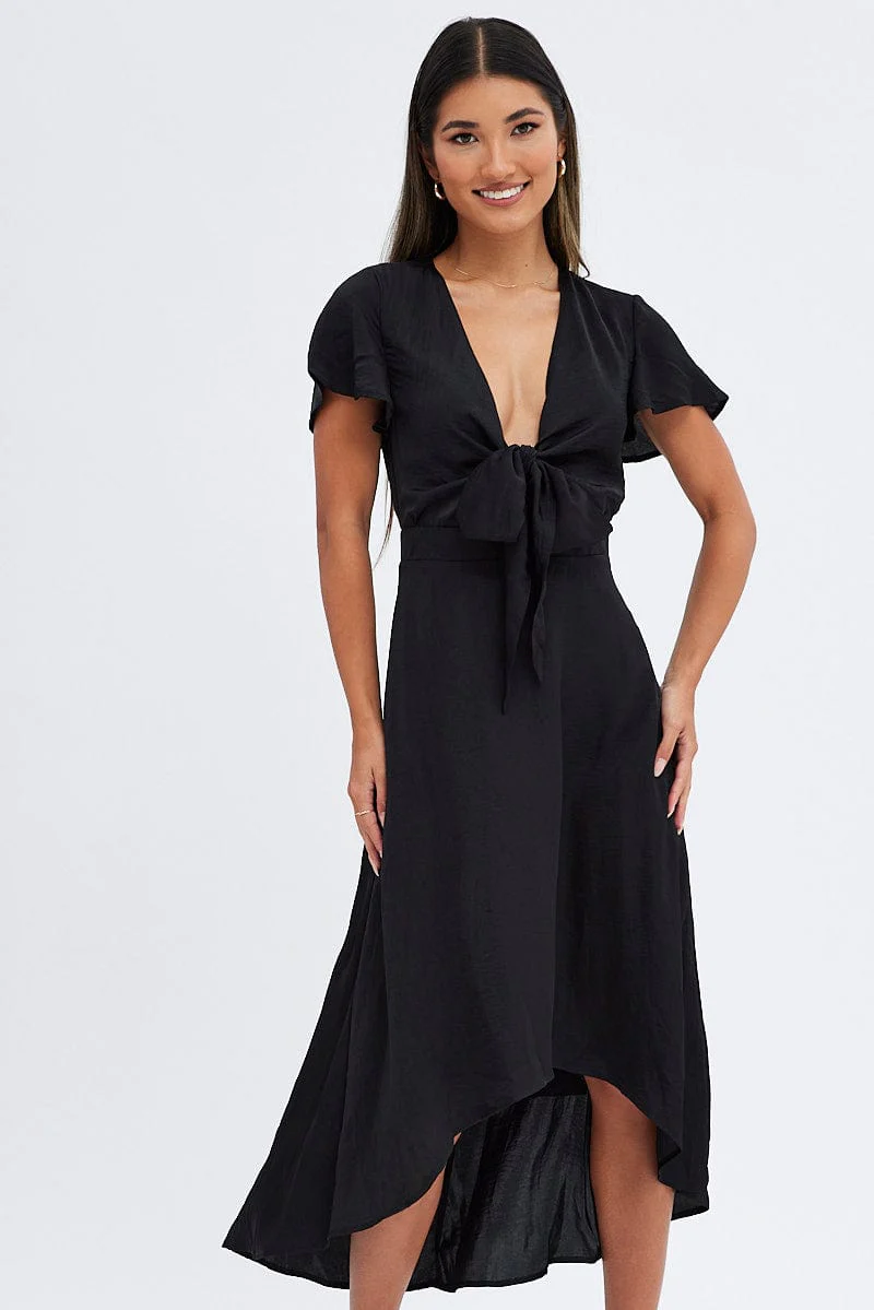 Black Midi Dress Short Sleeve Tie Back Satin