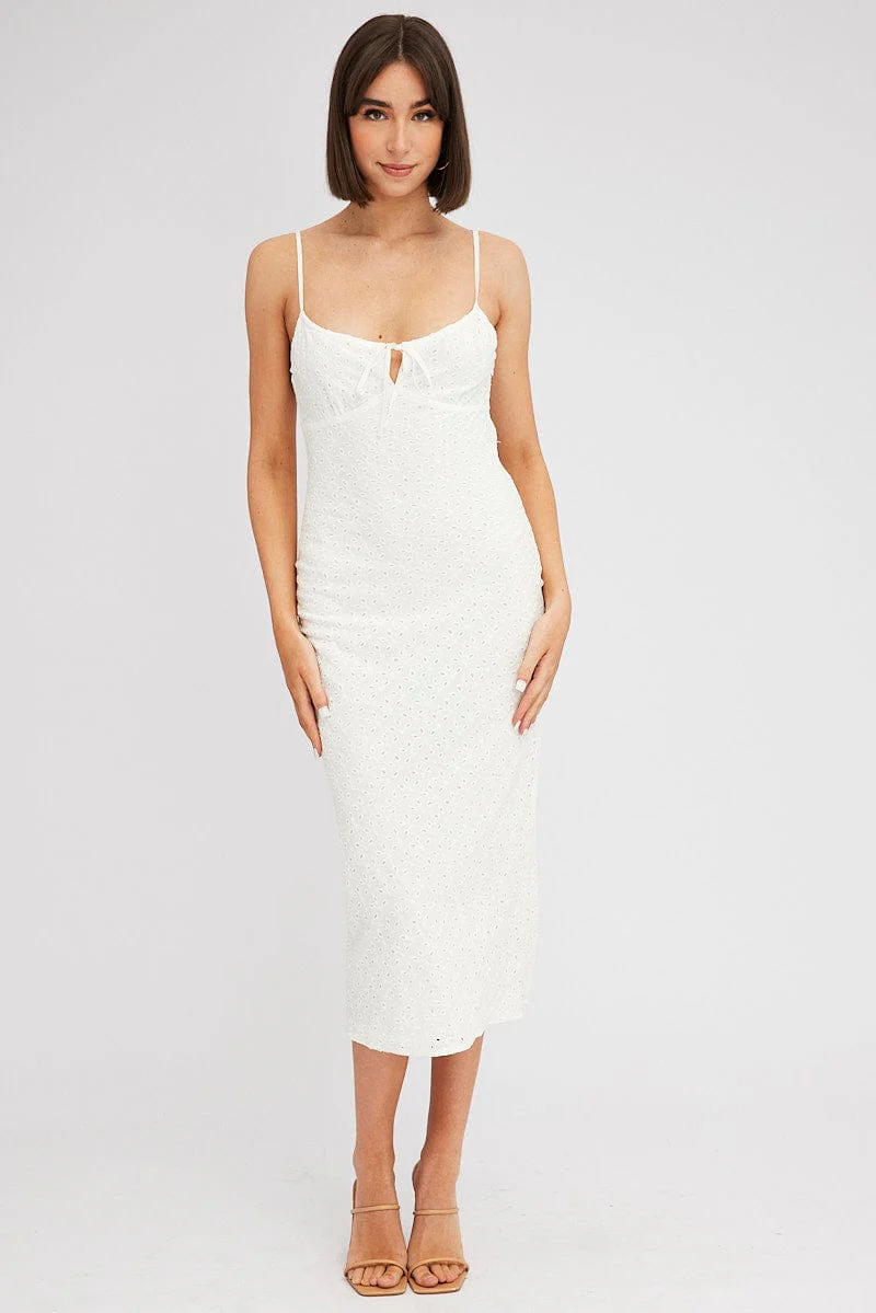 White Midi Dress Gathered Bust Eyelet Fabric
