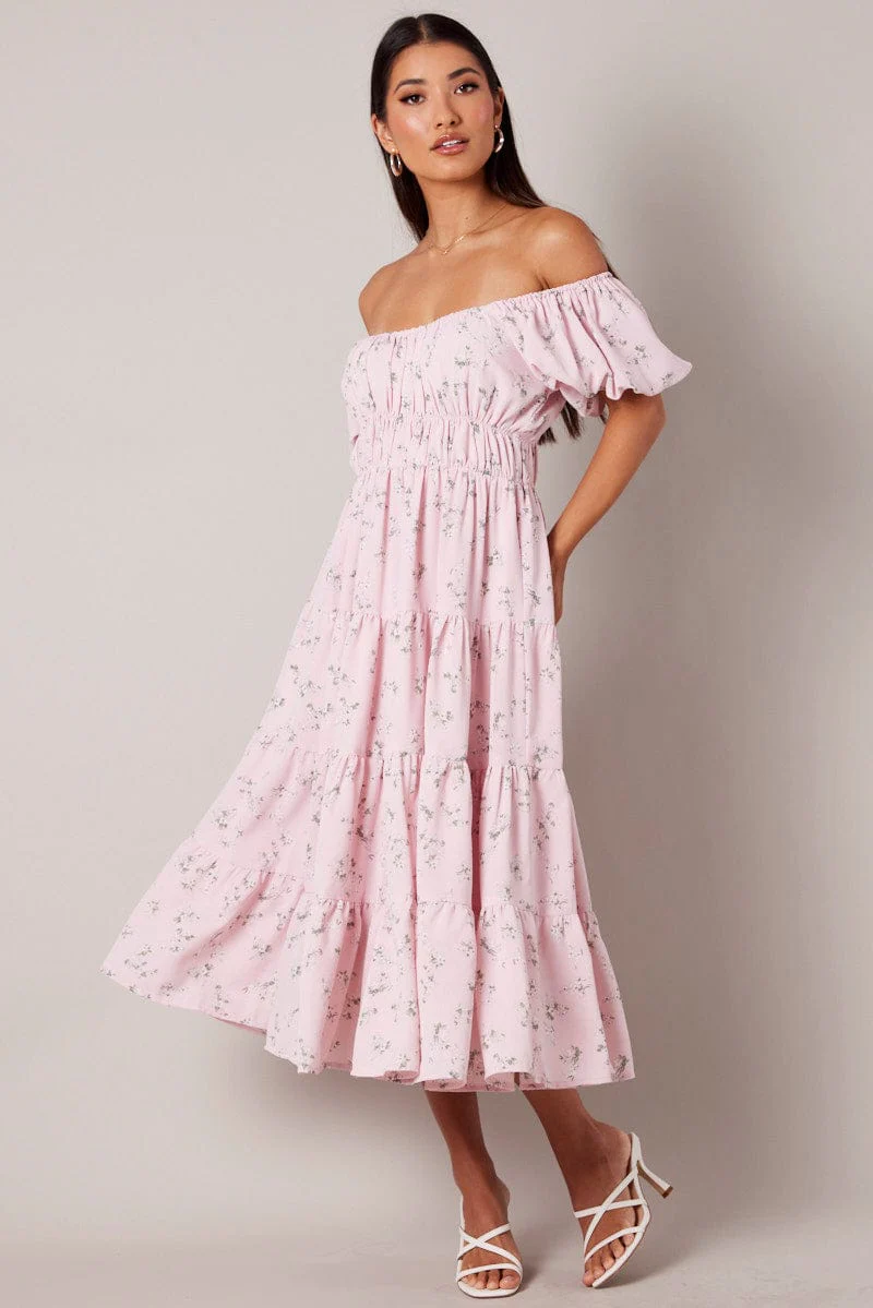 Pink Floral Midi Dress Puff Sleeve Gathered Bust
