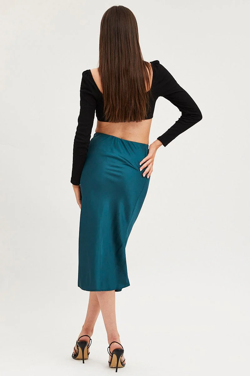 Blue Slip Skirt Midi Satin