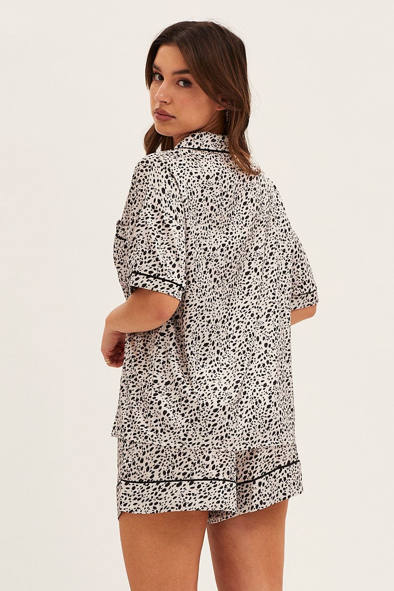 Print Satin Short Sleeve Top & Shorts Pj Set