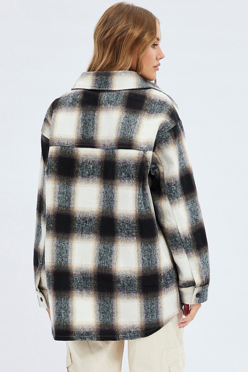 Brown Check Longline Check Shacket Shirt Collar