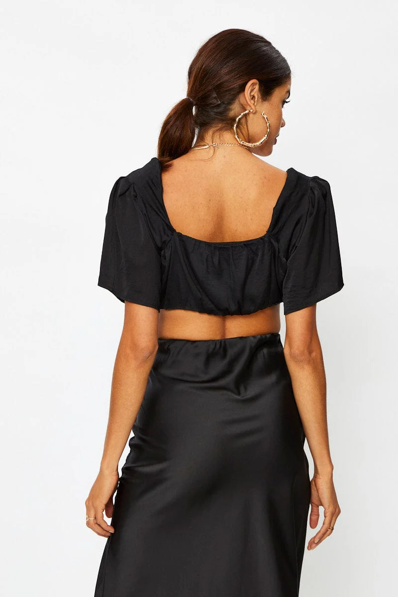 Black Crop Top Short Sleeve Satin